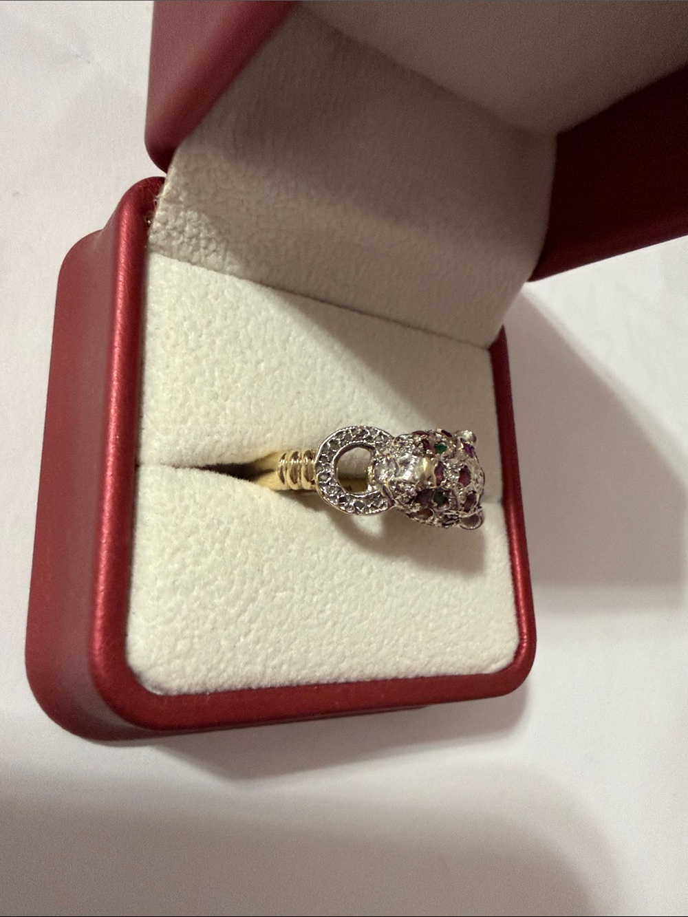 14K Gold Leopard Ring with Ruby, Emerald & Diamonds